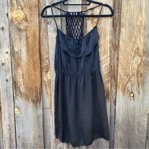 Xhiliration black satin mini dress, sexy back, ruffle front, small